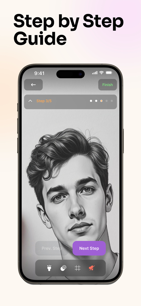 AR Drawing: Trace & Sketch Art - AR Drawing app showing a step by step tutorial for sketching a portrait of a man on an iPhone.