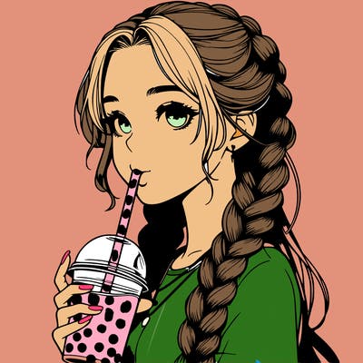 realistic girl with braided hair drinking boba