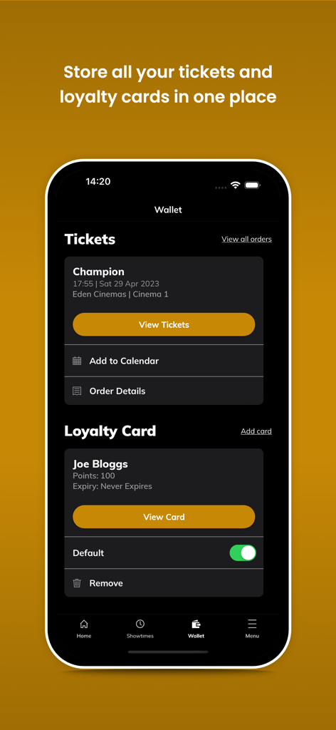 Cartera digital de la aplicación Eden Cinemas que muestra entradas de cine y un perfil de tarjeta de fidelidad.