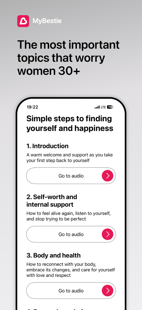 MyBestie－Mental Health Support - MyBestie App-Oberfläche mit psychologischen Unterstützungsthemen für Frauen über dreißig, einschließlich Selbstwertgefühl und Körpergesundheit mit Audio-Wiedergabeoptionen.