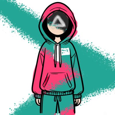 faceless girl in a tracksuit with a hood on and no hair