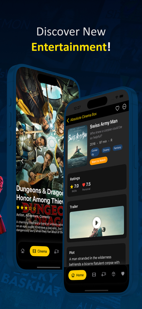 Absolute - Movies & TVShow Box - Dos pantallas de iPhone que muestran la interfaz de descubrimiento y detalles de películas de la aplicación Absolute Cinema Box.