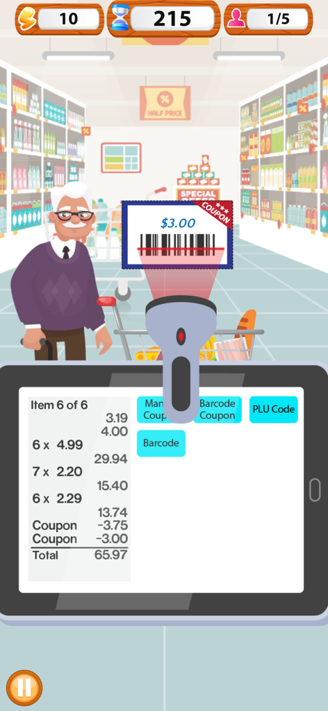Scanning a barcode coupon at a digital cash register in a supermarket simulation game