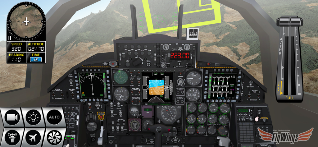Flight Simulator FlyWings 2016 - Detailed 3D cockpit view of a fighter jet in Flight Simulator FlyWings 2016 showing functional instruments and HUD