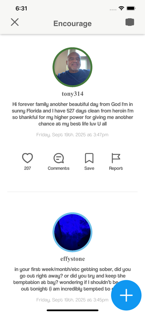 Nomo -  Sobriety Clocks - Nomo sobriety app encouragement feed featuring community posts and recovery milestones