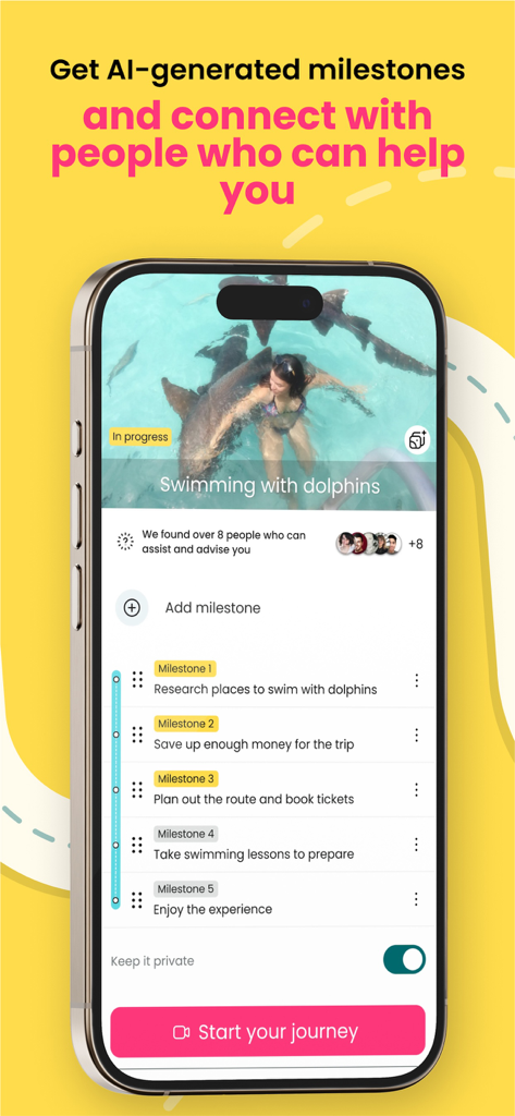 Dreemz - Un teléfono inteligente que muestra el generador de hitos de IA de la aplicación Dreemz para metas personales