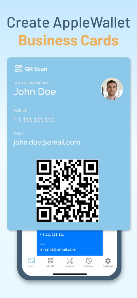 QR Code, Business Card Creator - Interfaz de tarjeta de presentación digital que presenta un código QR e información de perfil para Apple Wallet