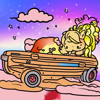 kawaii unicorn driving a car