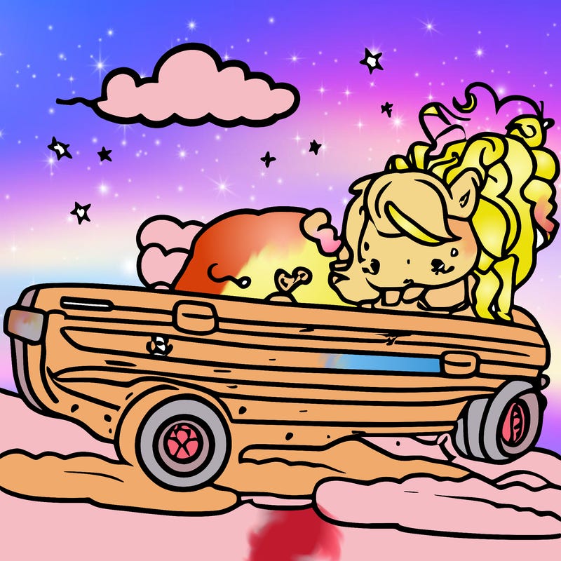 kawaii unicorn driving a car