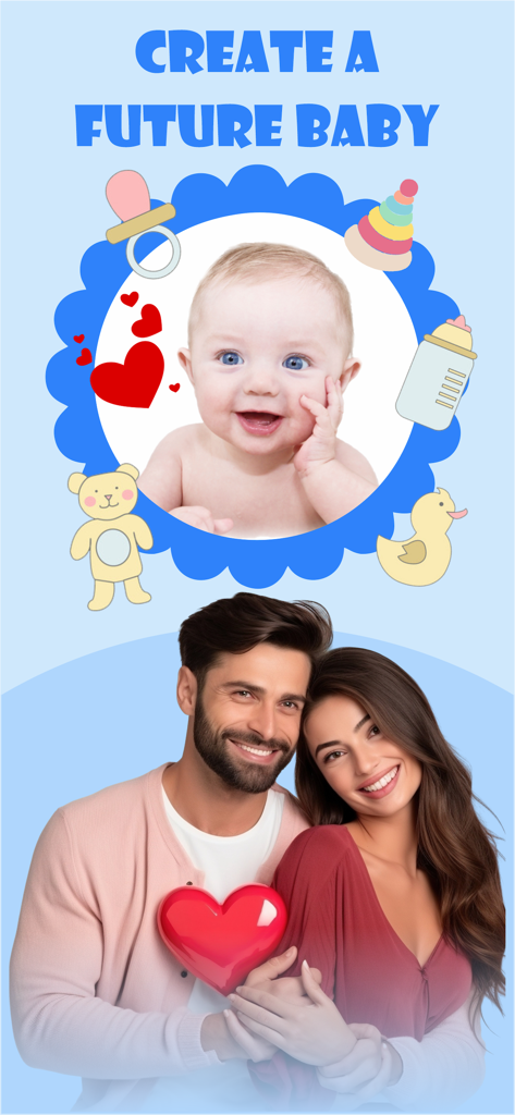 AI Baby Generator: Face Makerㅤ - AI Baby Generator app screen showing a predicted baby face and a happy couple