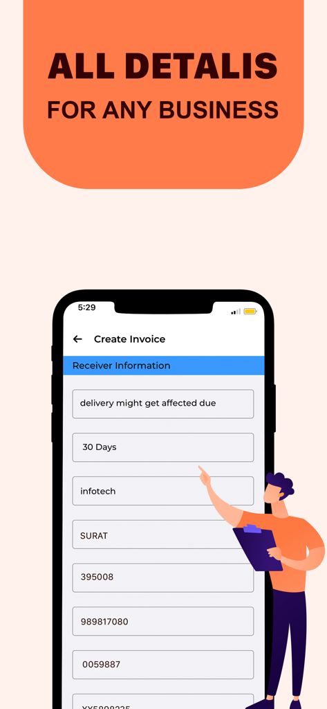 GST invoice and Bill Maker App - A smartphone screen showing the receiver information entry section for a professional business invoice.