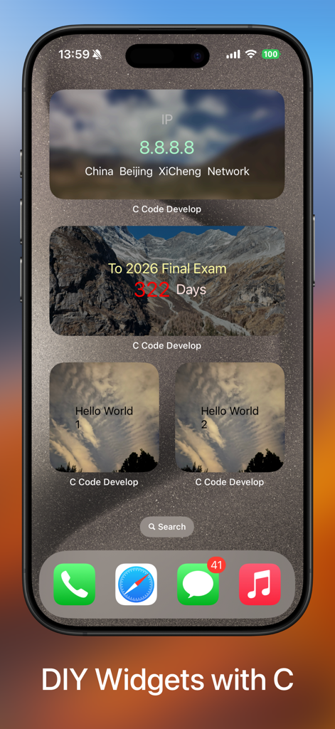 Tela inicial do iPhone com widgets personalizados criados usando C Code Develop.