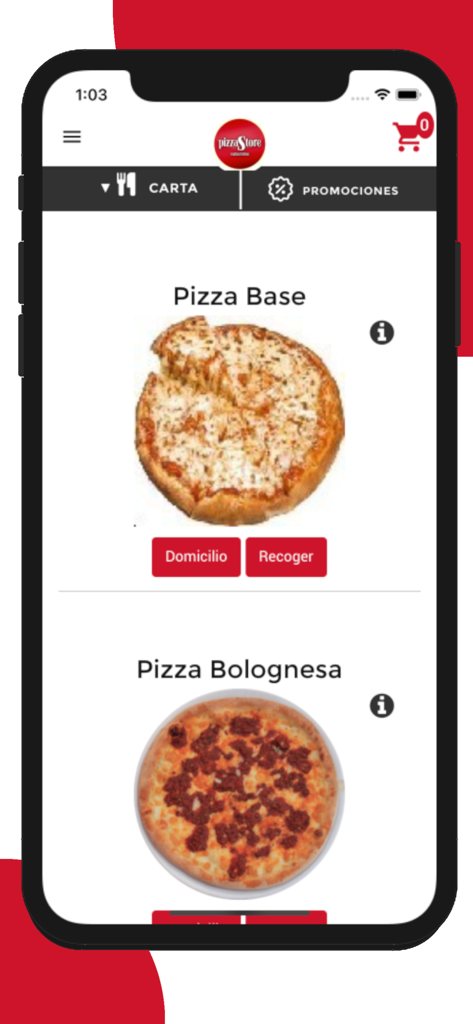 PizzaStore - PizzaStore Mobile App-Oberfläche, die Pizzamenüelemente mit Schaltflächen für Liefer- und Abholbestellungen anzeigt