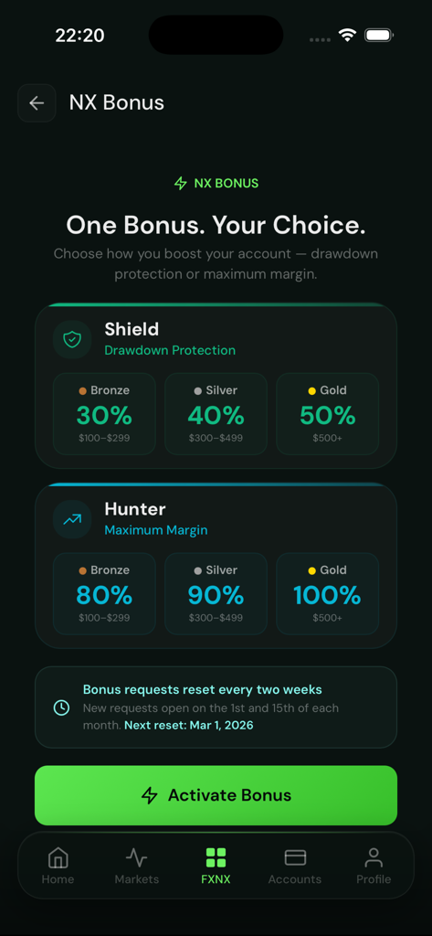 FXNX - FXNX app interface showing NX Bonus selection options for Shield drawdown protection and Hunter maximum margin