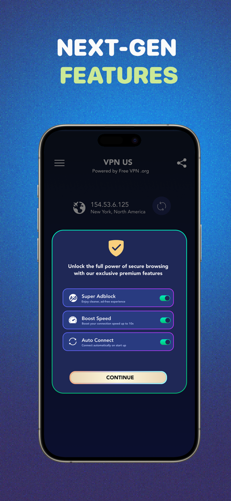 VPN US using Free VPN .org™ - A mobile screen from the VPN US app highlighting premium features like Super Adblock, Boost Speed, and Auto Connect.