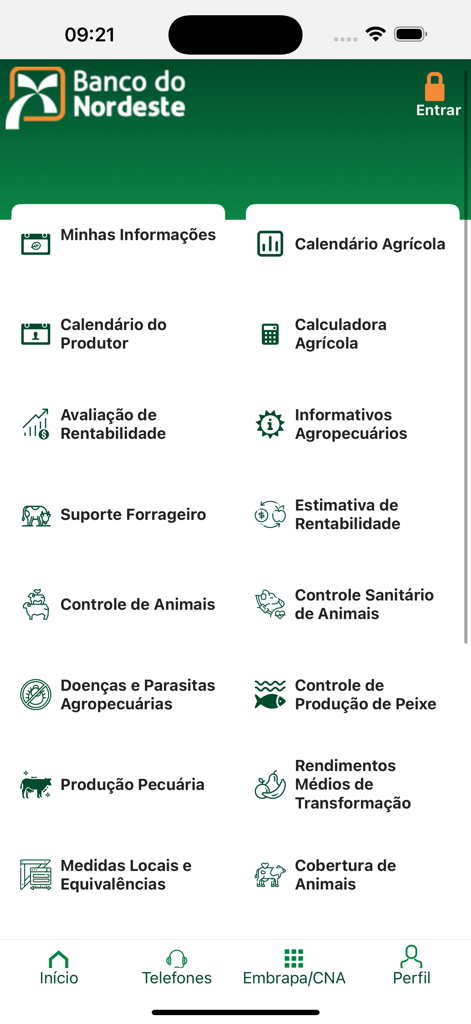 BNB Agro - Menú principal de la aplicación móvil BNB Agro que muestra funciones de gestión agrícola como calculadoras y calendarios
