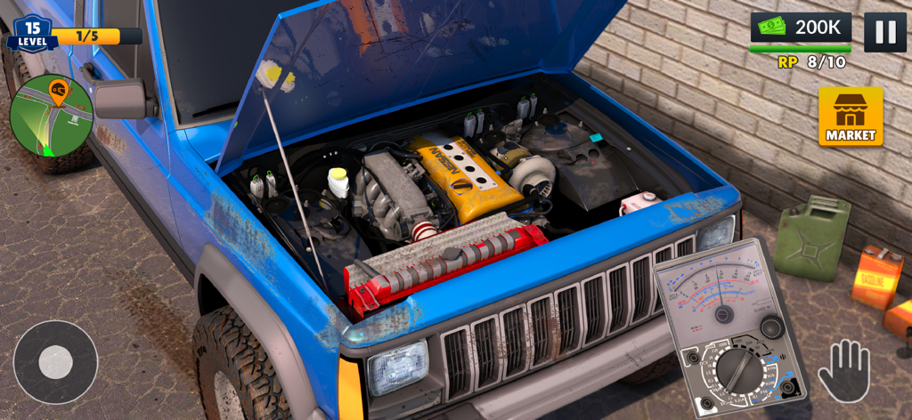 4x4 Offroad Truck Driving Game - Close up view of a blue 4x4 truck engine bay with mechanical tools in a driving simulator