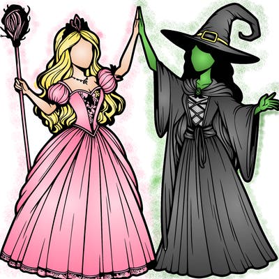 detailed realistic split of a princess and a witch