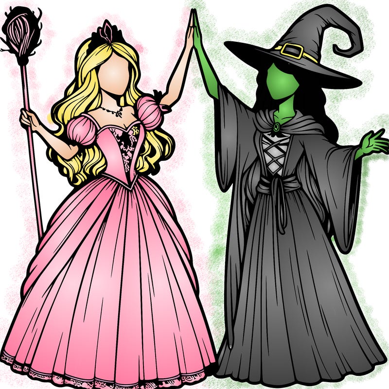 detailed realistic split of a princess and a witch
