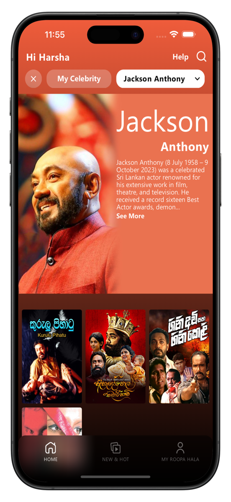 Roopa Hala app profile page for Sri Lankan actor Jackson Anthony featuring Sinhala movie posters