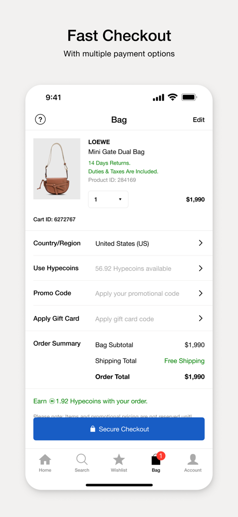 HBX | Globally Curated Fashion - Écran du panier de l'application HBX présentant un sac de créateur Loewe et un bouton de paiement sécurisé