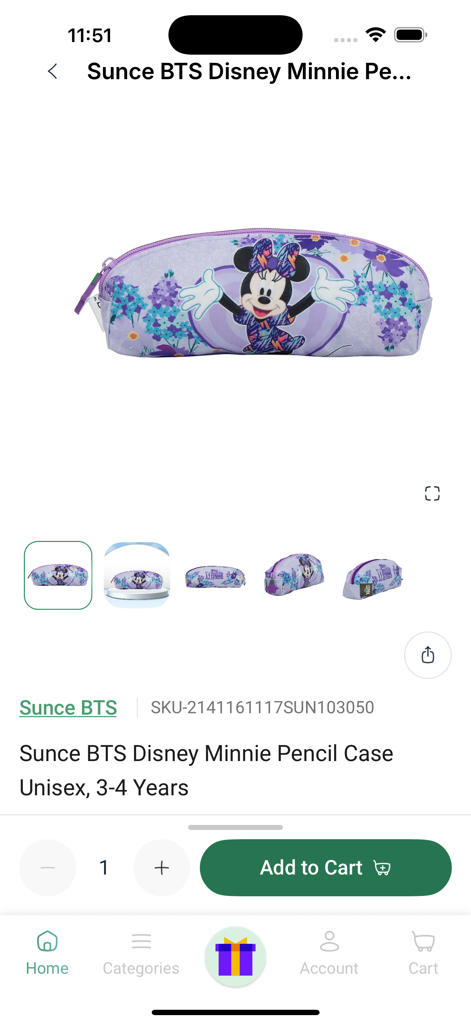 Product page for a purple Disney Minnie Mouse pencil case on the Kanaa Toy Store app