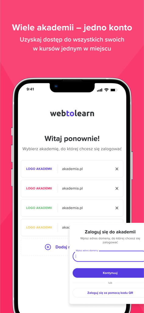 Web To Learn GO Mobile App Login-Bildschirm mit einer Liste verfügbarer Akademien und einem Domäneneingabepopup