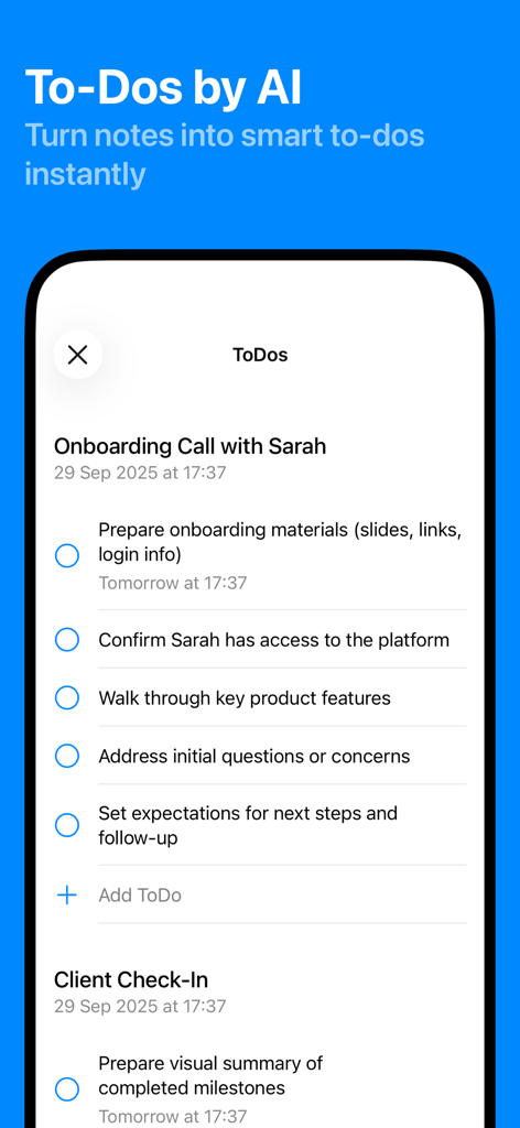 AI Meeting Notes - Tablo - Interface of the Tablo app showing an AI-generated to-do list from a professional onboarding call