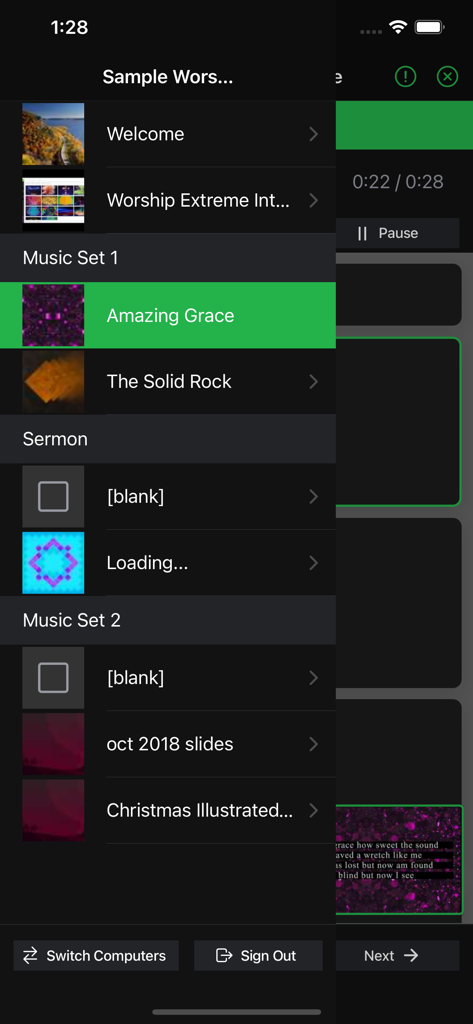 Presenter Remote mobile app showing a church service playlist with music sets and sermon slides