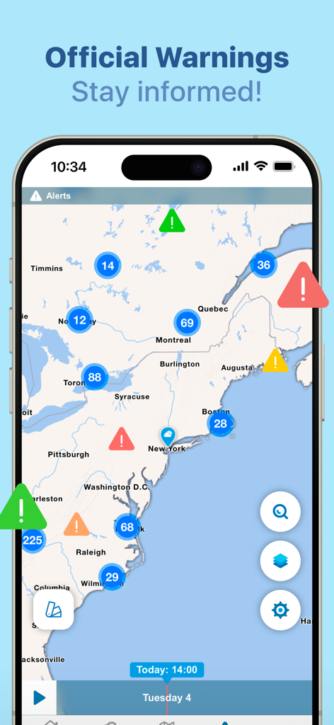 Meteored - Weather Radar - Meteored Wetter-App-Oberfläche mit offiziellen Wetterwarnungen auf einer Karte