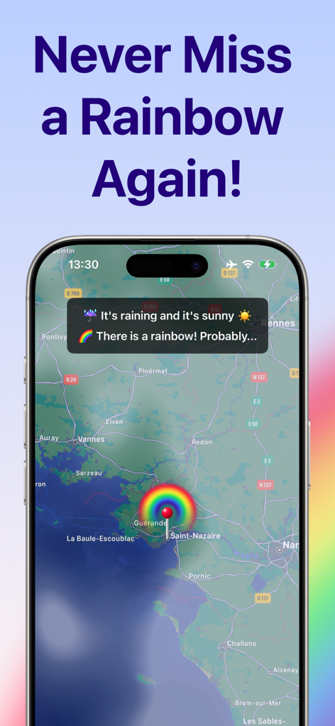 Rainbow Tracker - Rainbow Tracker app screenshot showing a rainbow prediction map and notification on iPhone.