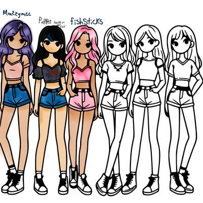 a group of girls wearing crop tops and shorts