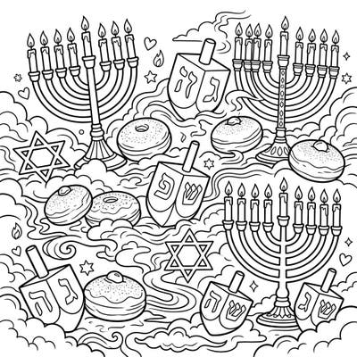 Step into a dreamlike Hanukkah celebration with this captivating coloring page, where traditional symbols emerge from an enchanting fog. Discover menorahs, dreidels, and sweet sufganiyot amidst swirling mists, ready for your artistic touch.
