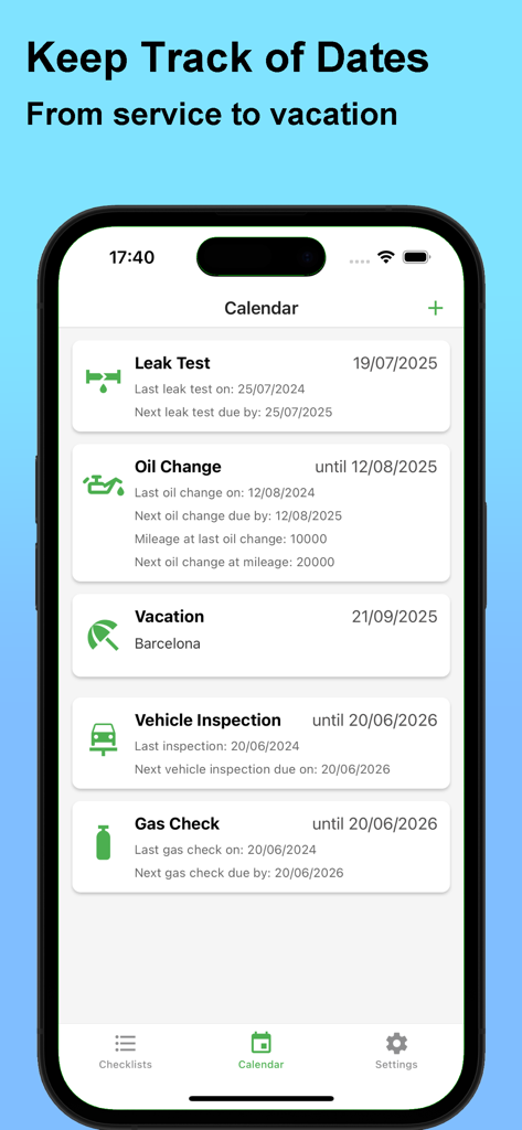 Camping Checker - Checklists - Calendar view in the Camping Checker app showing scheduled maintenance dates for RV oil changes, gas checks, and vehicle inspections.