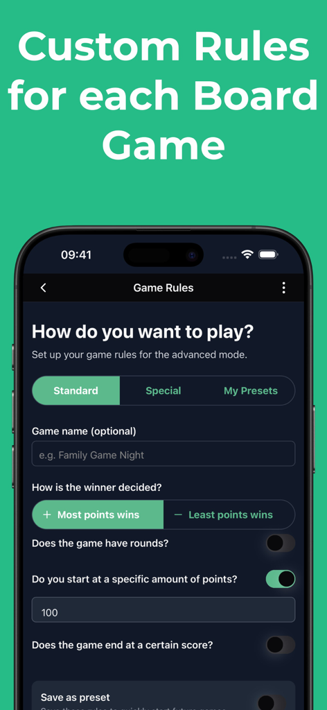 Interface for setting custom board game rules in the Scory app