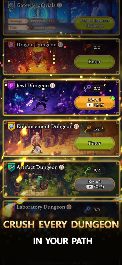 Dungeon Sisters : IDLE RPG - Dungeon selection screen in Dungeon Sisters IDLE RPG featuring various themed dungeons like Dragon and Jewel dungeons