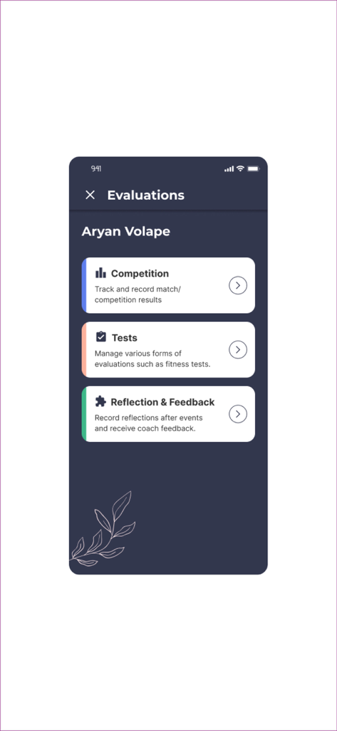 Outcoach - Interfaz móvil que muestra evaluaciones de estudiantes para competiciones deportivas y pruebas de condición física