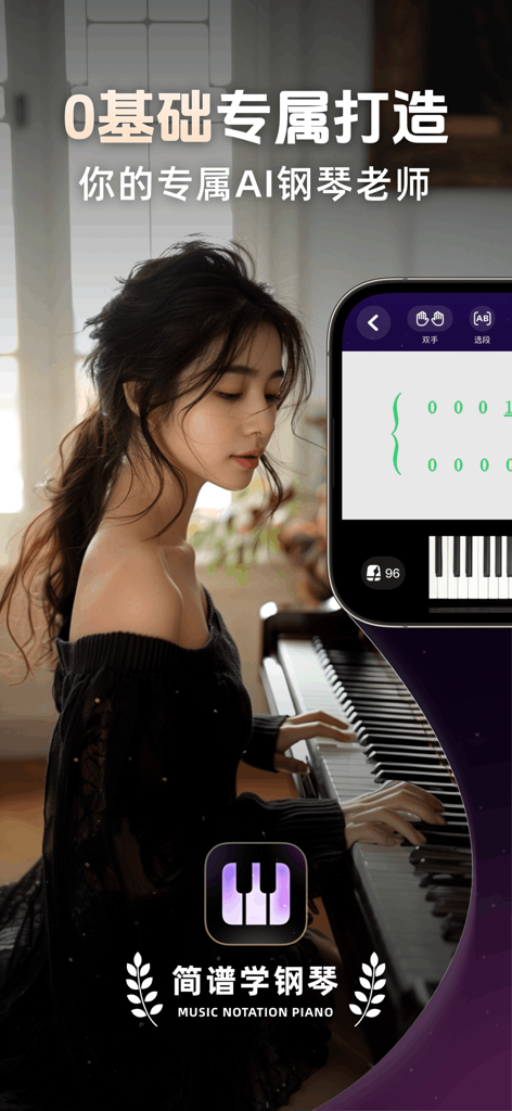 Eine Frau sitzt am Klavier und benutzt eine KI-Lern-App mit nummerierter Notationsschnittstelle.