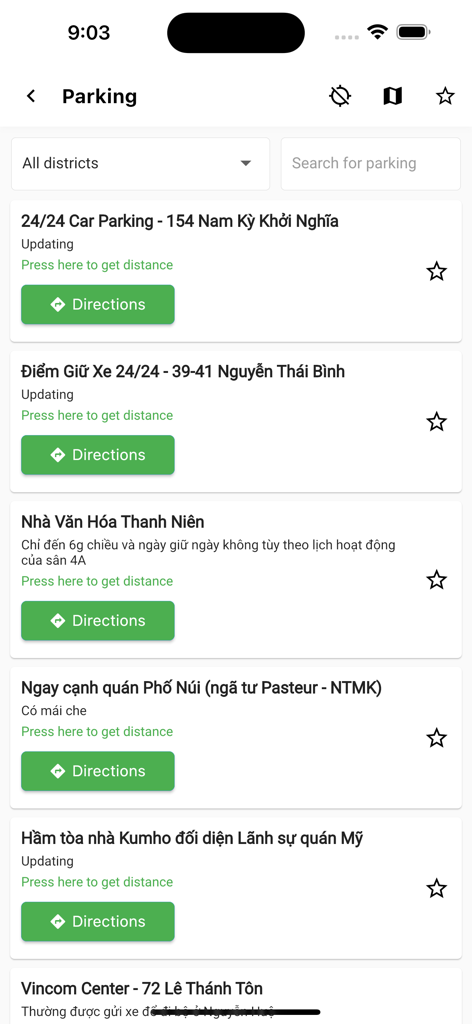 Searchable list of parking spots in Ho Chi Minh City with directions