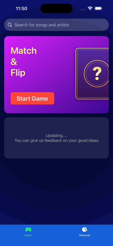 Yanidube - Yanidube mobile app home screen showing the Match and Flip card game and start button