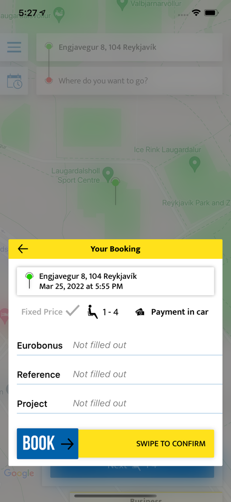 Taxi Hreyfill - Booking confirmation screen in the Taxi Hreyfill app showing pickup location in Reykjavik and payment options