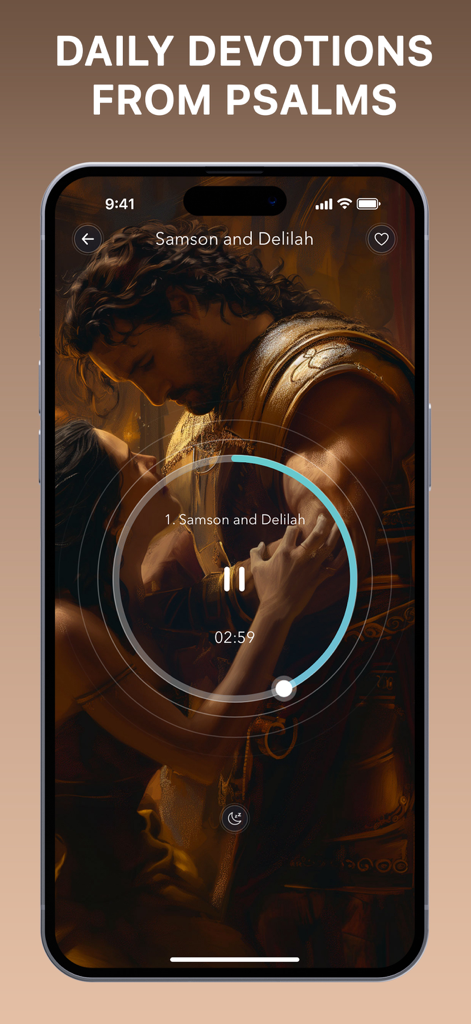 Audio player interface for the Bible story of Samson and Delilah in the BlessedPath app