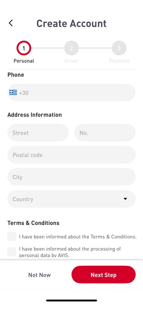 Schermata di creazione account nell'app Avis Car Sharing per informazioni personali e sull'indirizzo.