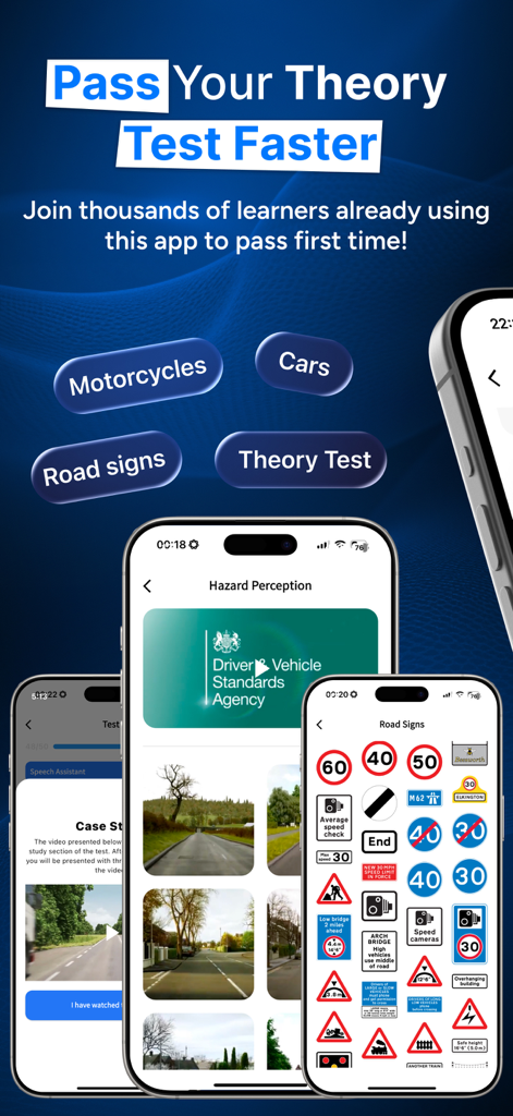 Theory Test Hero UK 2026 - Theory Test Hero UK 2026 mobile app screenshots showing hazard perception road signs and mock tests