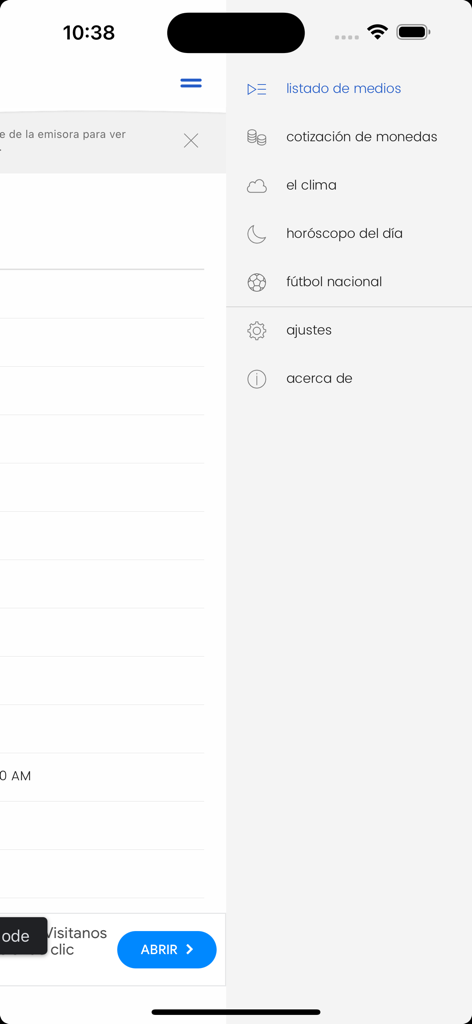 DesdePy - Side navigation menu of the DesdePy app showing media lists currency exchange weather and football score options