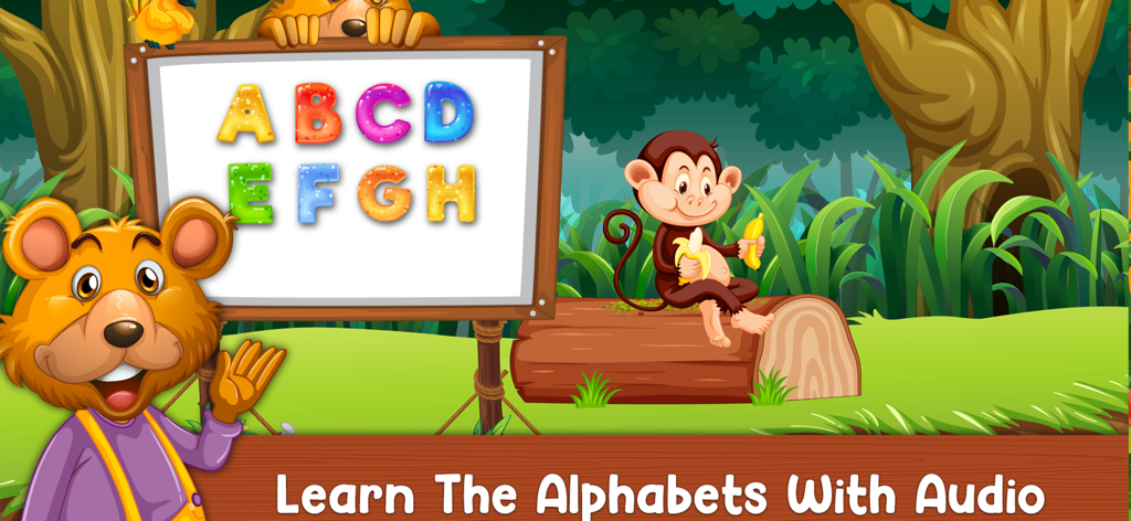 ABC : Alphabet Jungle Animals - Educational jungle scene with a bear and monkey teaching the alphabet on a whiteboard