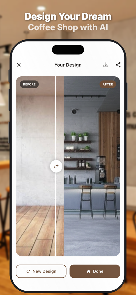 AI Coffee Shop Design - A before and after side-by-side comparison of a coffee shop interior design generated by AI on a mobile phone screen.