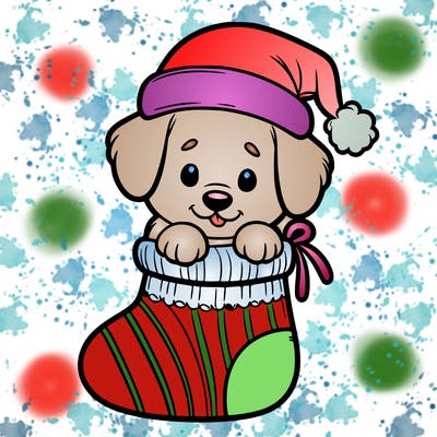 cute puppy wearing santa hat in socking