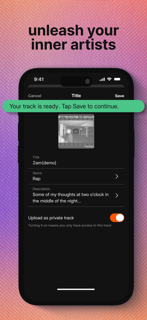 SoundCloud app screen for uploading a new music track with title and genre options