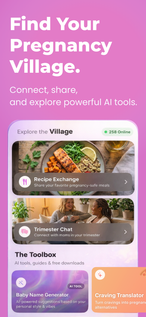 Pregnancy Food: PregnancyPlate - 임신 지원을 위한 커뮤니티 기능, 삼분기 채팅, 레시피 교환 및 AI 도구를 보여주는 PregnancyPlate 앱 화면